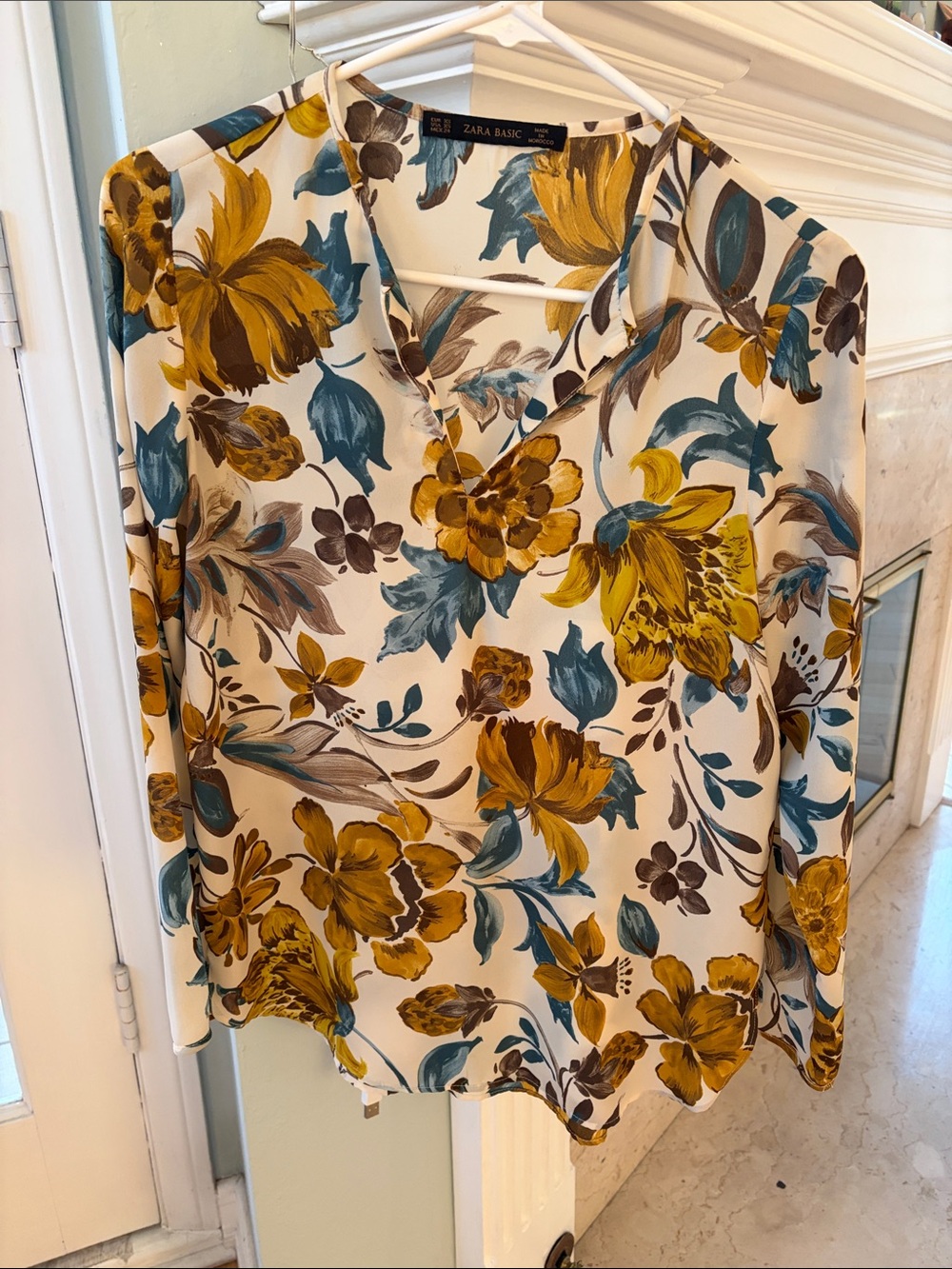 Zara Cream Floral V-Neck Blouse with Mustard & Teal Accents